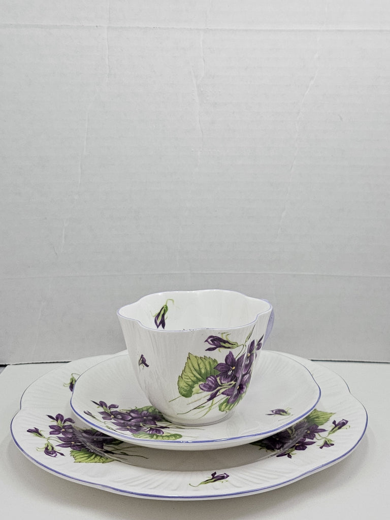 Shelley England Dainty Porcelain Cup Saucer Trio Violets Pattern Lavender Trim