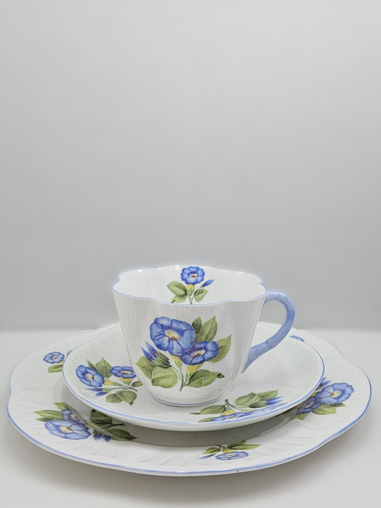 Shelley England Dainty Porcelain Cup Saucer Trio Morning Glory Pattern Cornflower Blue Trim