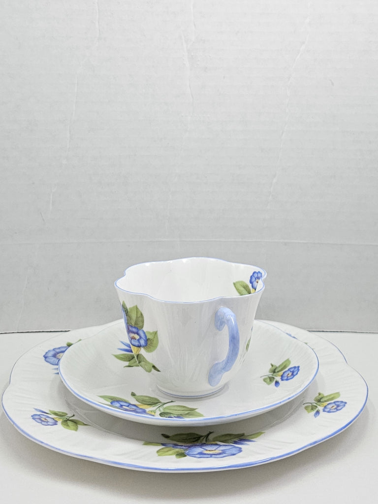 Shelley England Dainty Porcelain Cup Saucer Trio Morning Glory Pattern Cornflower Blue Trim