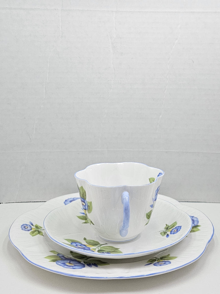 Shelley England Dainty Porcelain Cup Saucer Trio Morning Glory Pattern Cornflower Blue Trim