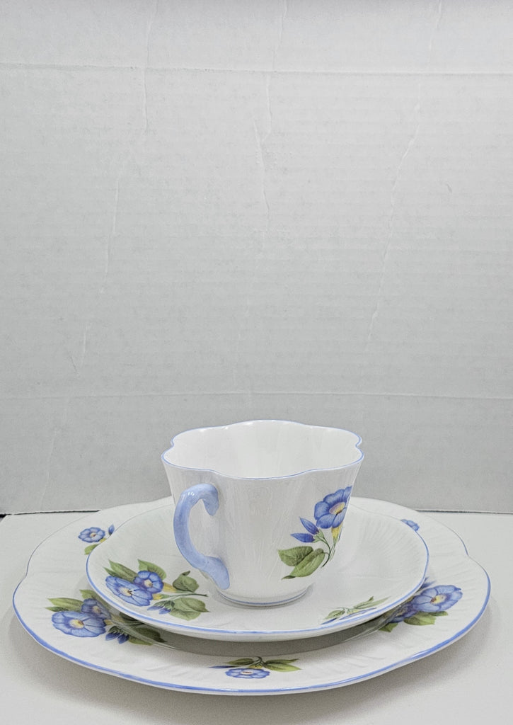 Shelley England Dainty Porcelain Cup Saucer Trio Morning Glory Pattern Cornflower Blue Trim