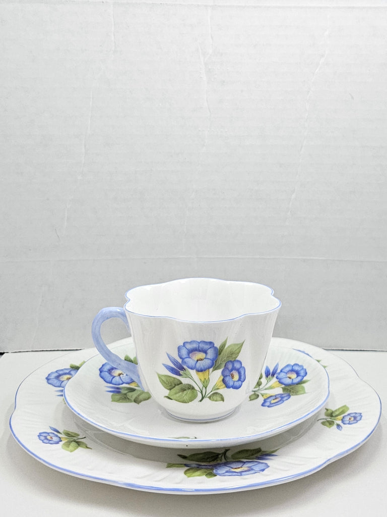 Shelley England Dainty Porcelain Cup Saucer Trio Morning Glory Pattern Cornflower Blue Trim