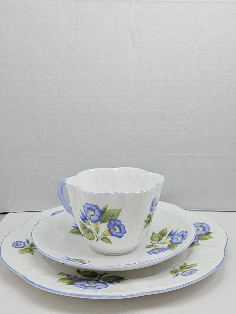 Shelley England Dainty Porcelain Cup Saucer Trio Morning Glory Pattern Cornflower Blue Trim