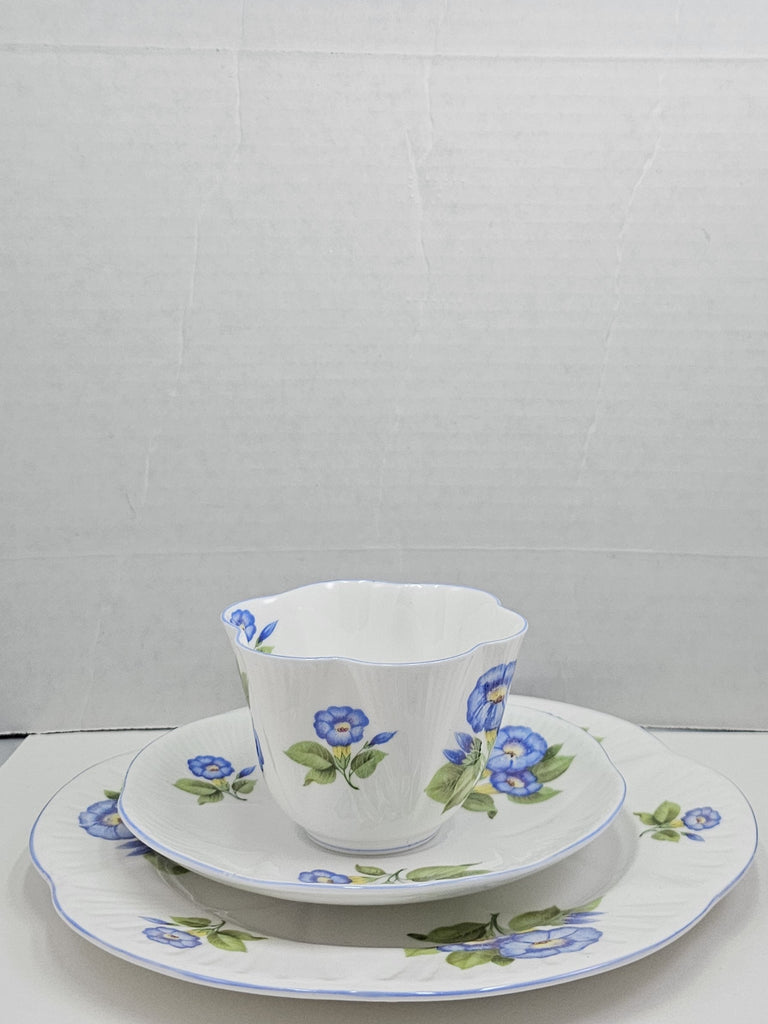 Shelley England Dainty Porcelain Cup Saucer Trio Morning Glory Pattern Cornflower Blue Trim