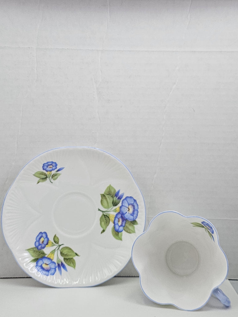 Shelley England Dainty Porcelain Cup Saucer Trio Morning Glory Pattern Cornflower Blue Trim