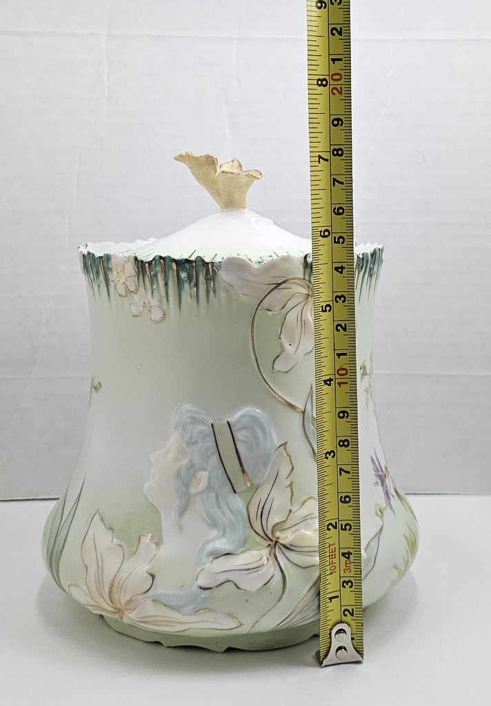 RS Prussia Porcelain Double Hidden Image Cracker Jar, Art Nouveau Floral Prussia Jar Portrait Girl