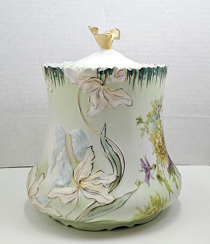 RS Prussia Porcelain Double Hidden Image Cracker Jar, Art Nouveau Floral Prussia Jar Portrait Girl