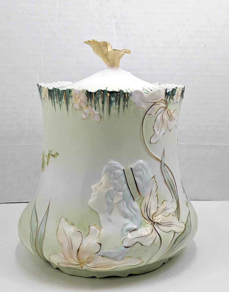 RS Prussia Porcelain Double Hidden Image Cracker Jar, Art Nouveau Floral Prussia Jar Portrait Girl