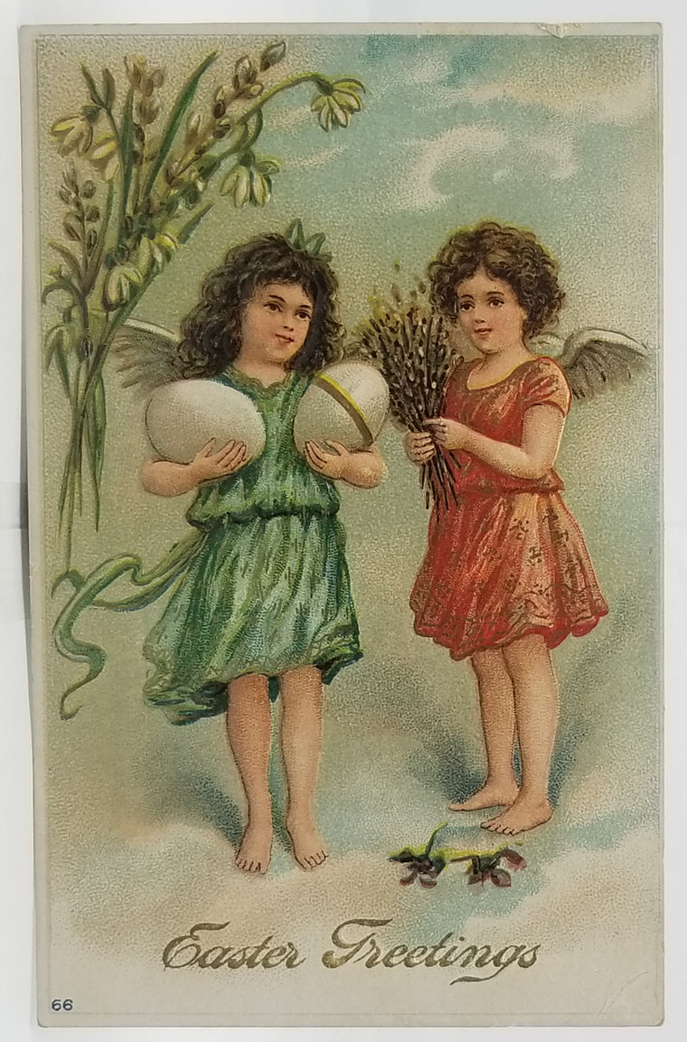 Easter Postcard Angels in Clouds Holding Eggs Embossed Series 66