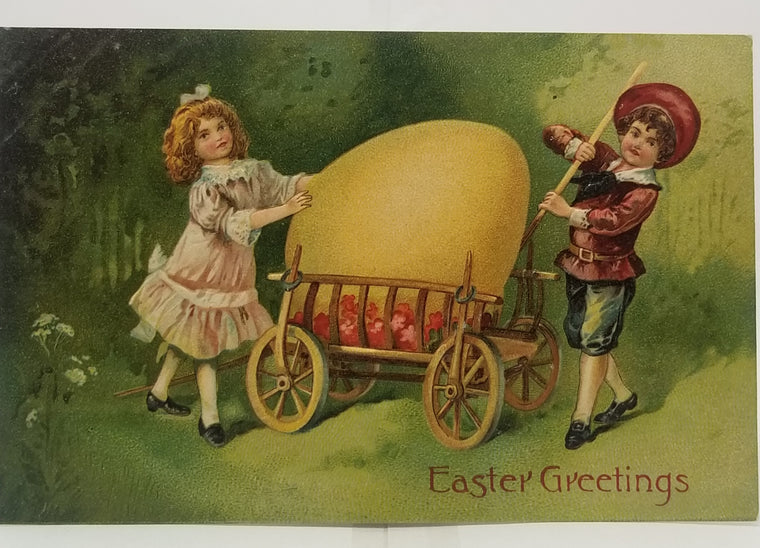 Easter Postcard Children Loading Giant Egg in Wagon Series 1243 Germany