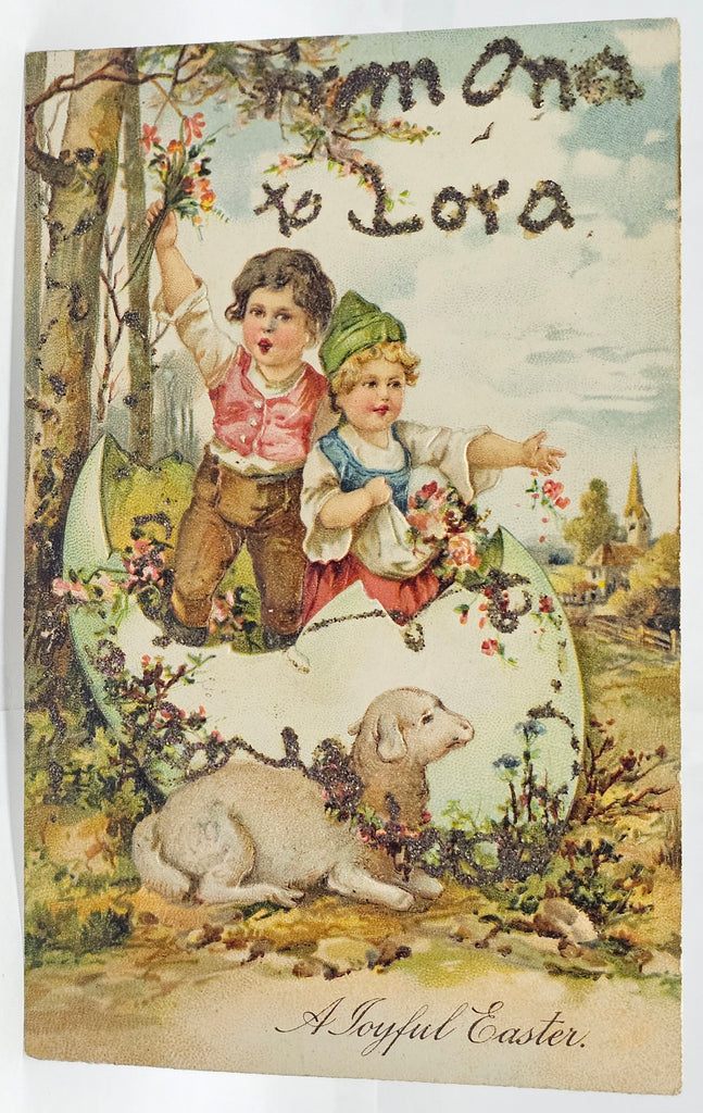 Easter Postcard Children in Egg with Baby Lamb Applied Glitter PFB Series 7500