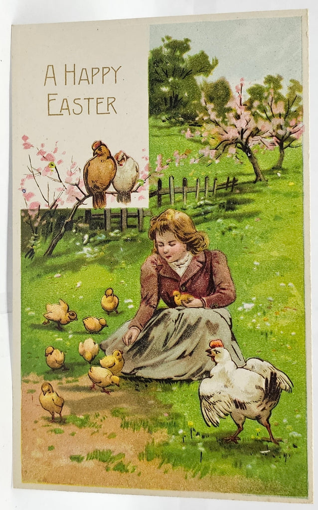 Easter Postcard Series 313 Woman in Grass Feeding Chicks