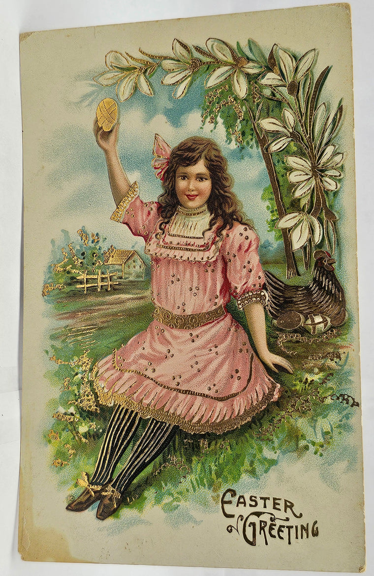 Easter Postcard Little Girl in Pink Dress Holding Egg Gold Embossed Series 230 Germany