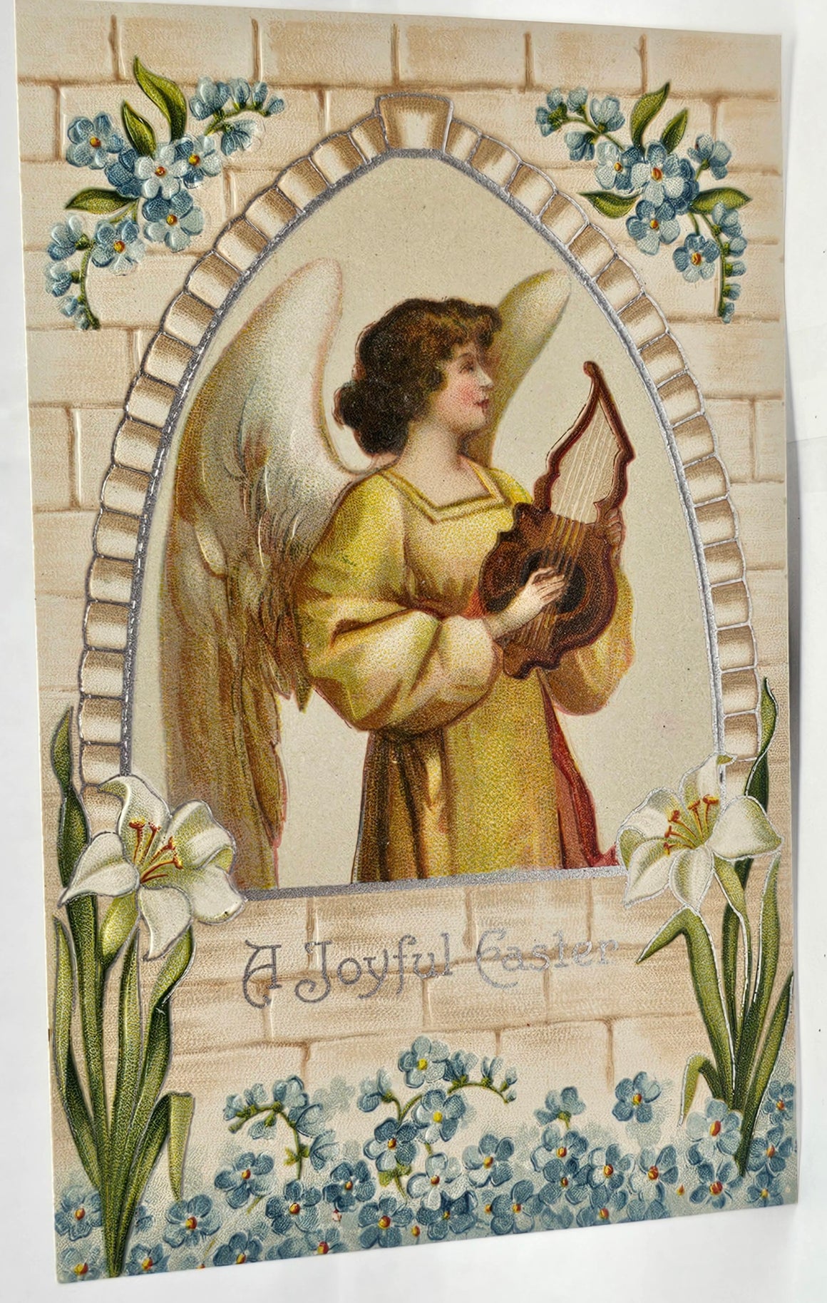 Easter Postcard Angel Holding Lyre in Window with Flowers