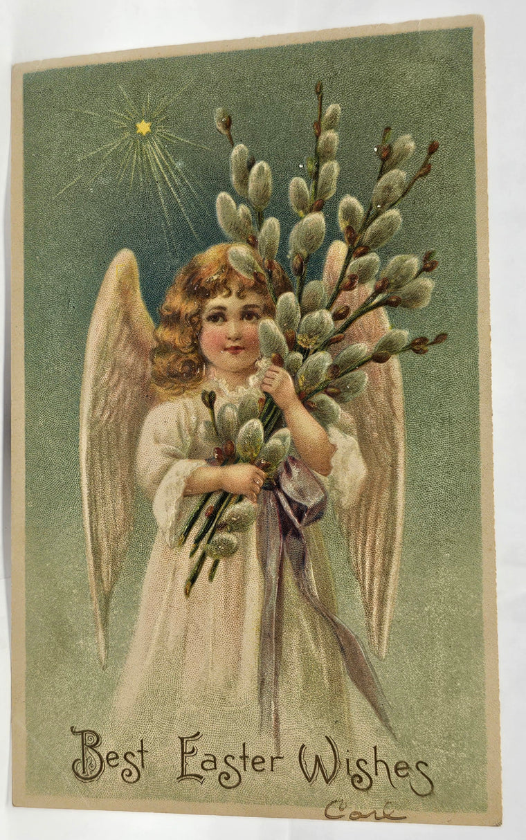 Easter Postcard Angel Holding Bouquet of Pussy Willows Embossed BW Series 288
