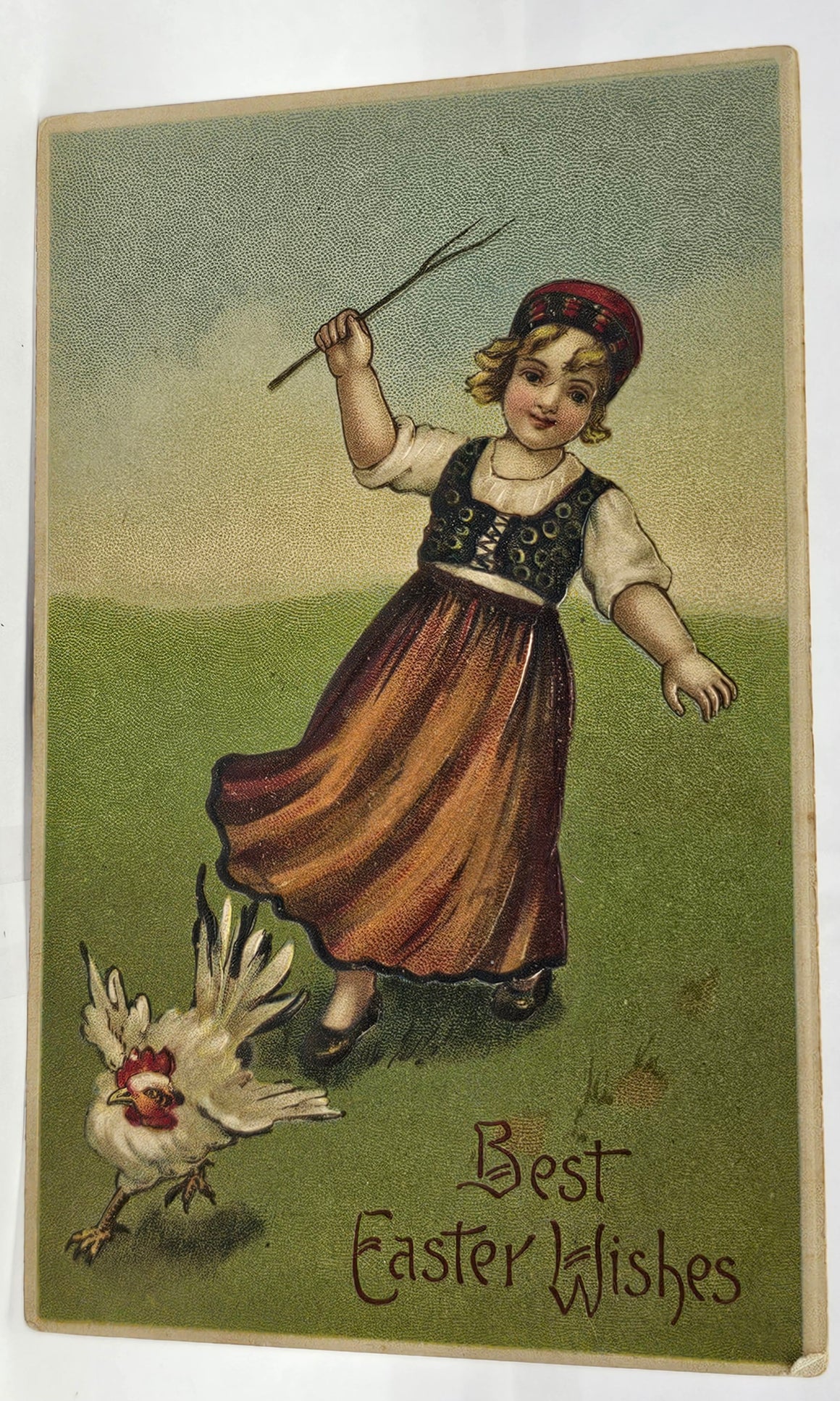 Easter Postcard Little Girl Chasing Hen in Field Embossed Series 353 BW Publishing Germany