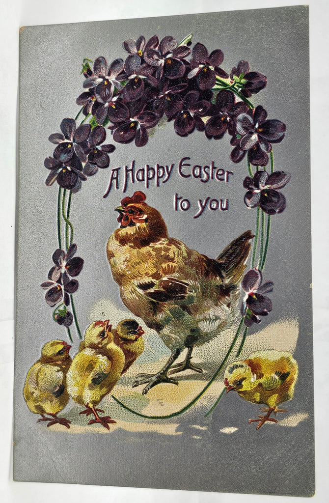 Easter Postcard Hen with Chicks Silver Background Violet Flowers Tuck Series 172