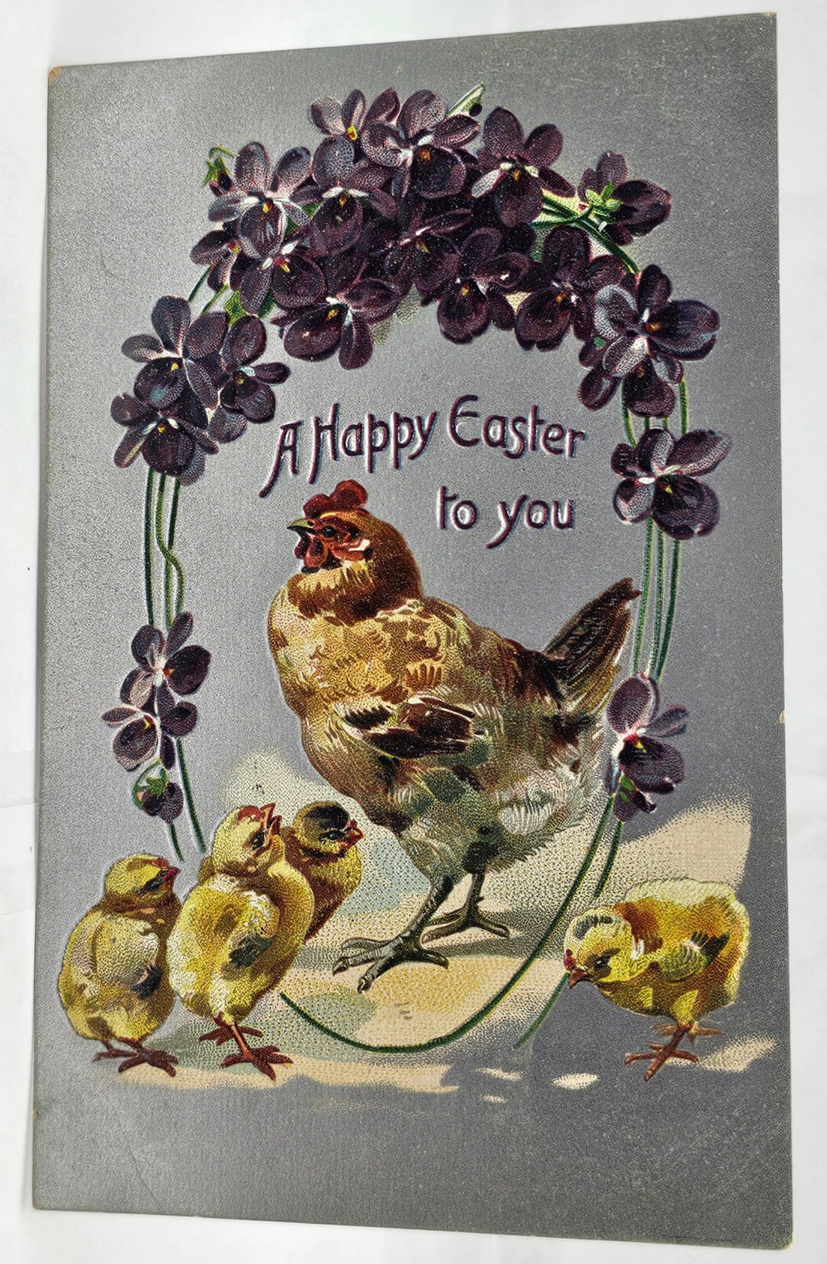Easter Postcard Hen with Chicks Silver Background Violet Flowers Tuck Series 172
