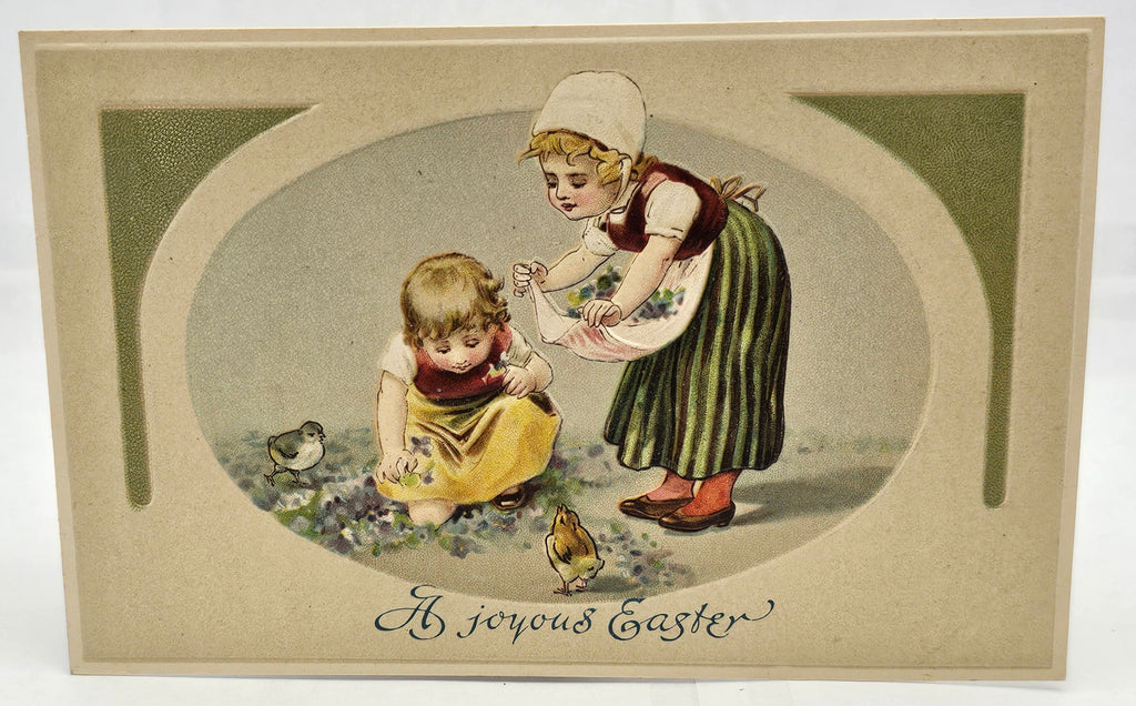 Easter Postcard Two Small Children with Baby Chicks in Flowers Embossed Card Joyous Easter