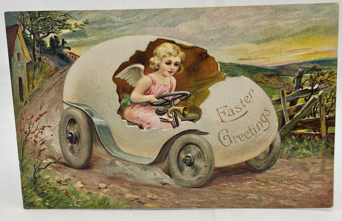 Easter Postcard EAS Publishing Angel Driving Egg Car French Impressionist Background Made in Germany