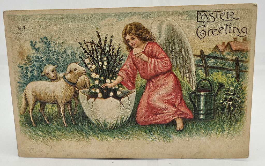Easter Postcard Series 147 Angel with Lambs Planting Giant Egg with Lilies Germany
