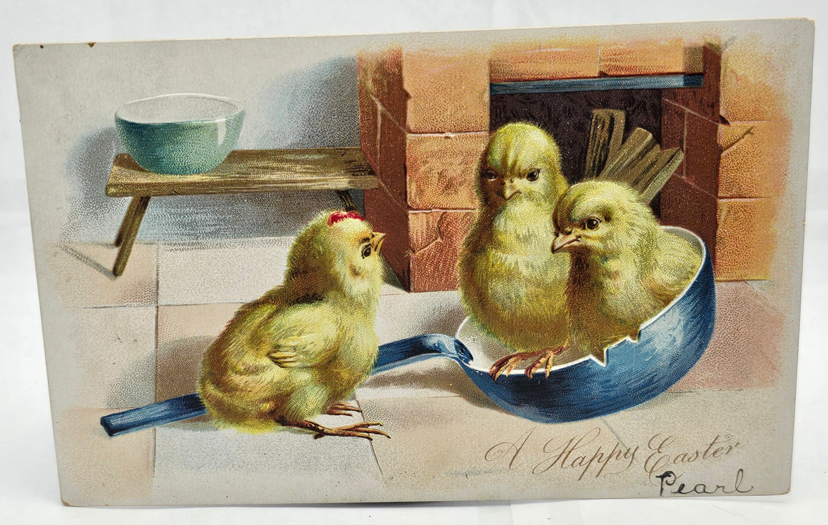 Easter Postcard Embossed Baby Chicks in Pan Raphael Tuck Publishing Early Undivided Back