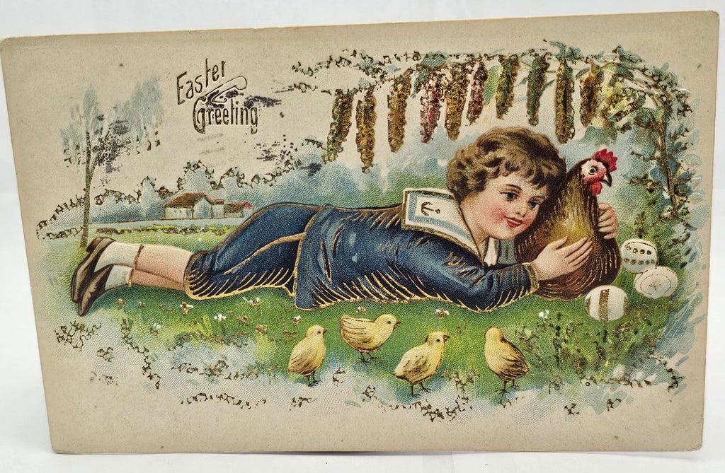 Easter Postcard Young Boy with Hen & Chicks Gold Highlights Embossed Card Series 238