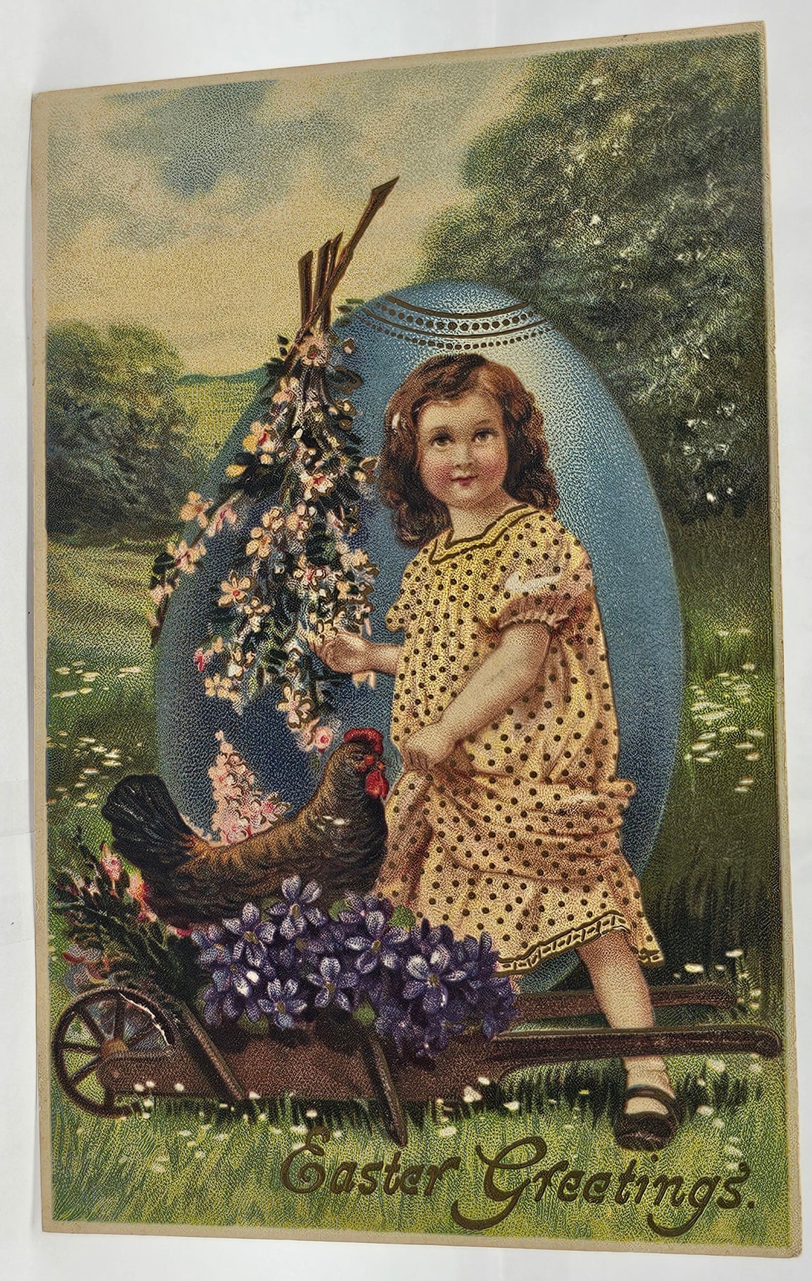 Easter Postcard Young Girl with Giant Blue Egg in Flower Filled Wagon with Hen Gold Highlights