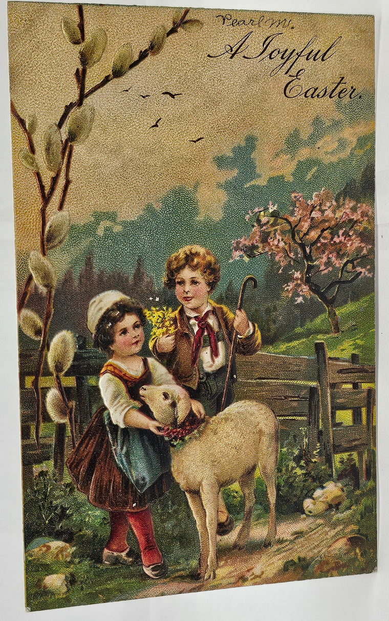 Easter Postcard Children with Lamb on Fence Pussy Willows and Blossoms PFB Publishing Series 6782