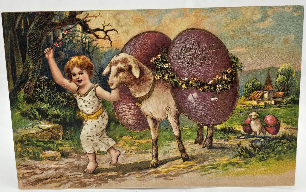 Easter Postcard Child Shepard Walking Lambs with Giant Eggs Series PFB Publishing Brilliant Series 5847