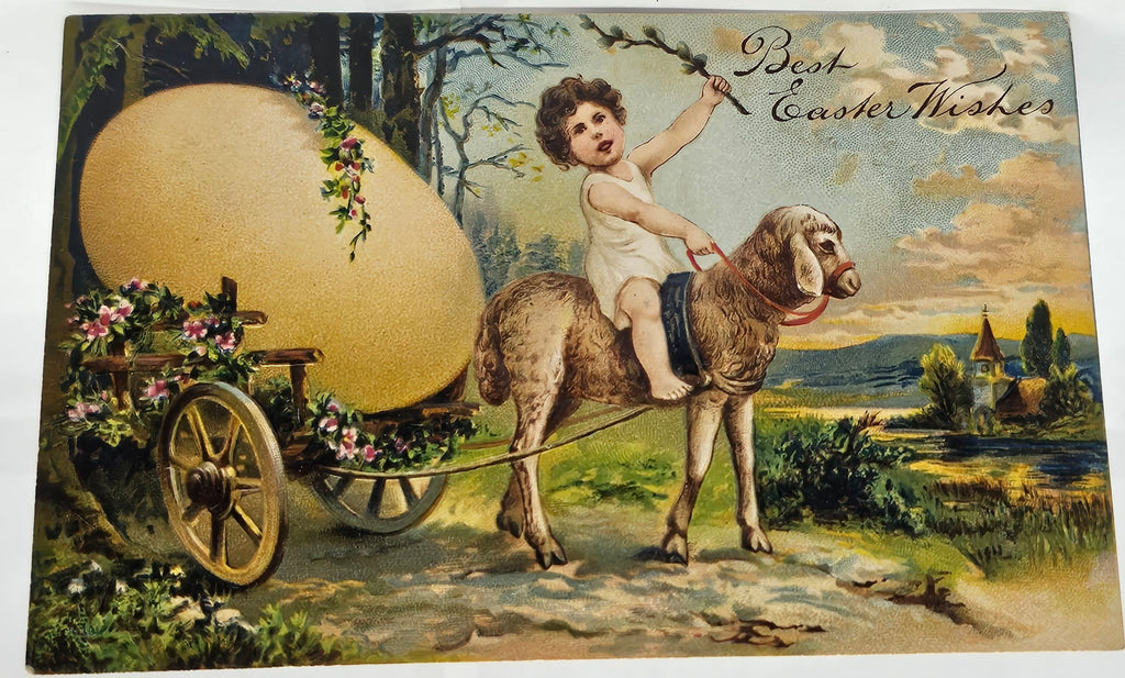Easter Postcard Child Riding Lamb Pulling Cart with Giant Egg Series PFB Publishing Series 5837