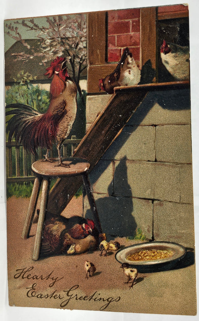 Easter Postcard PFB Publishing Series 8473 Rooster on Stool Calling to Hens