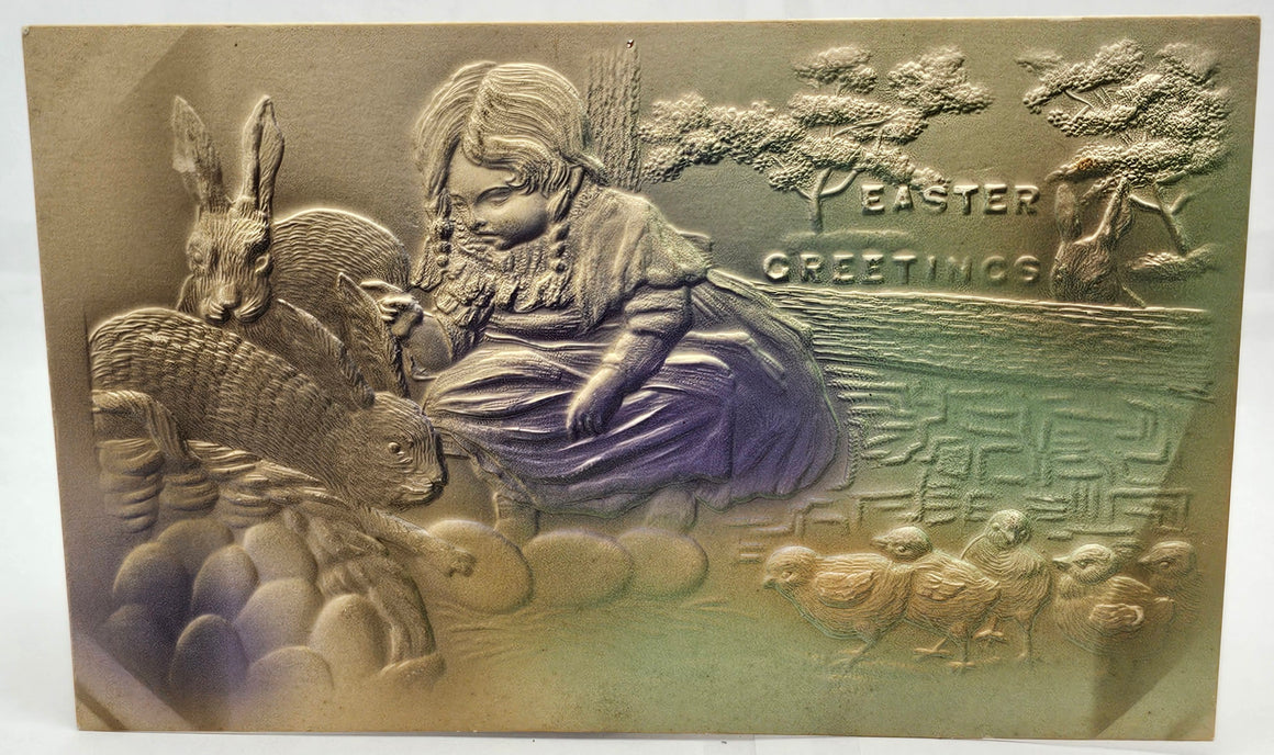 Easter Postcard Embossed with Airbrush Paint Little Girl Searching for Eggs with Bunny Rabbit