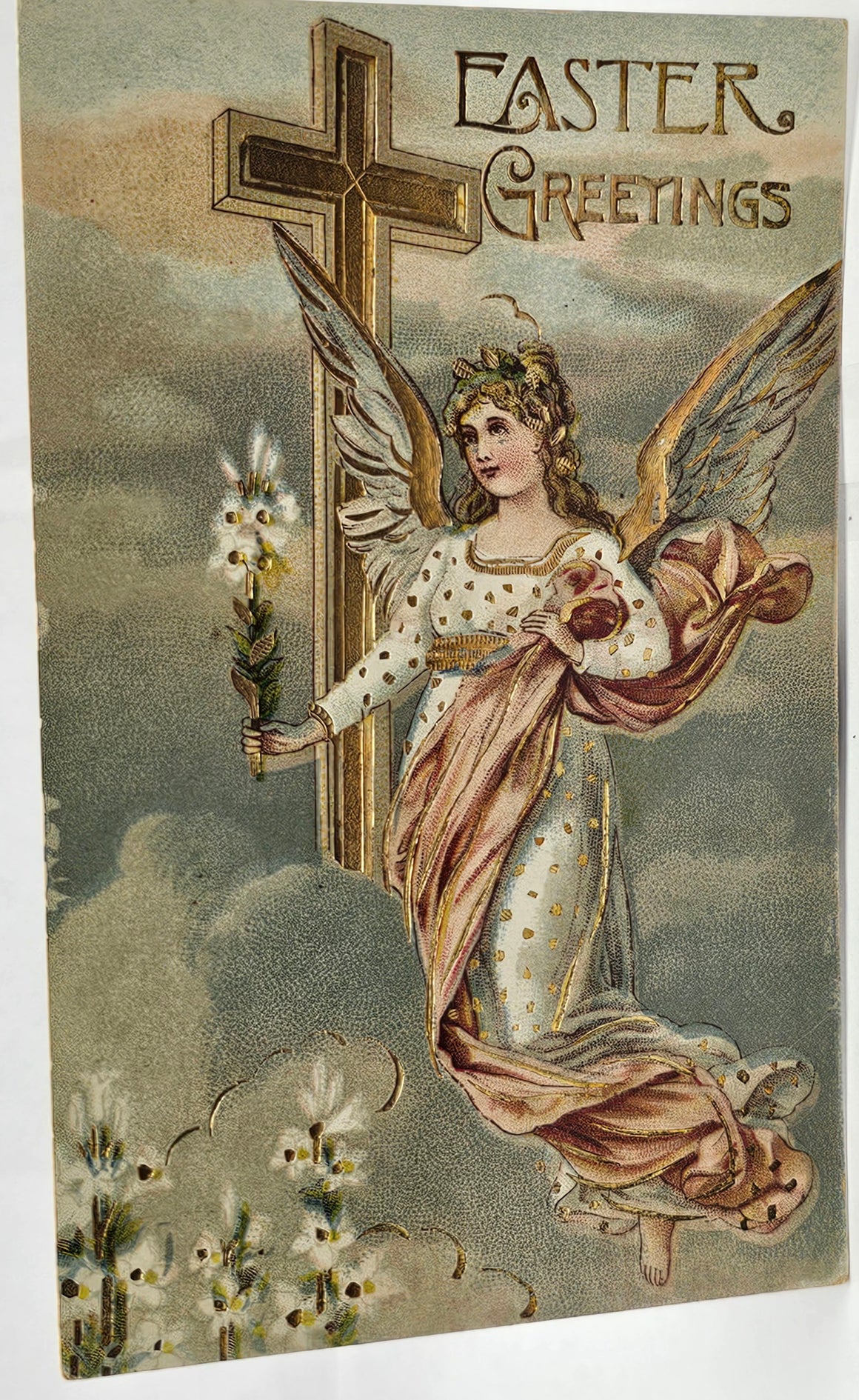 Easter Postcard Angel Gold Embossed Standing with Cross Gel Finish Printed in Germany