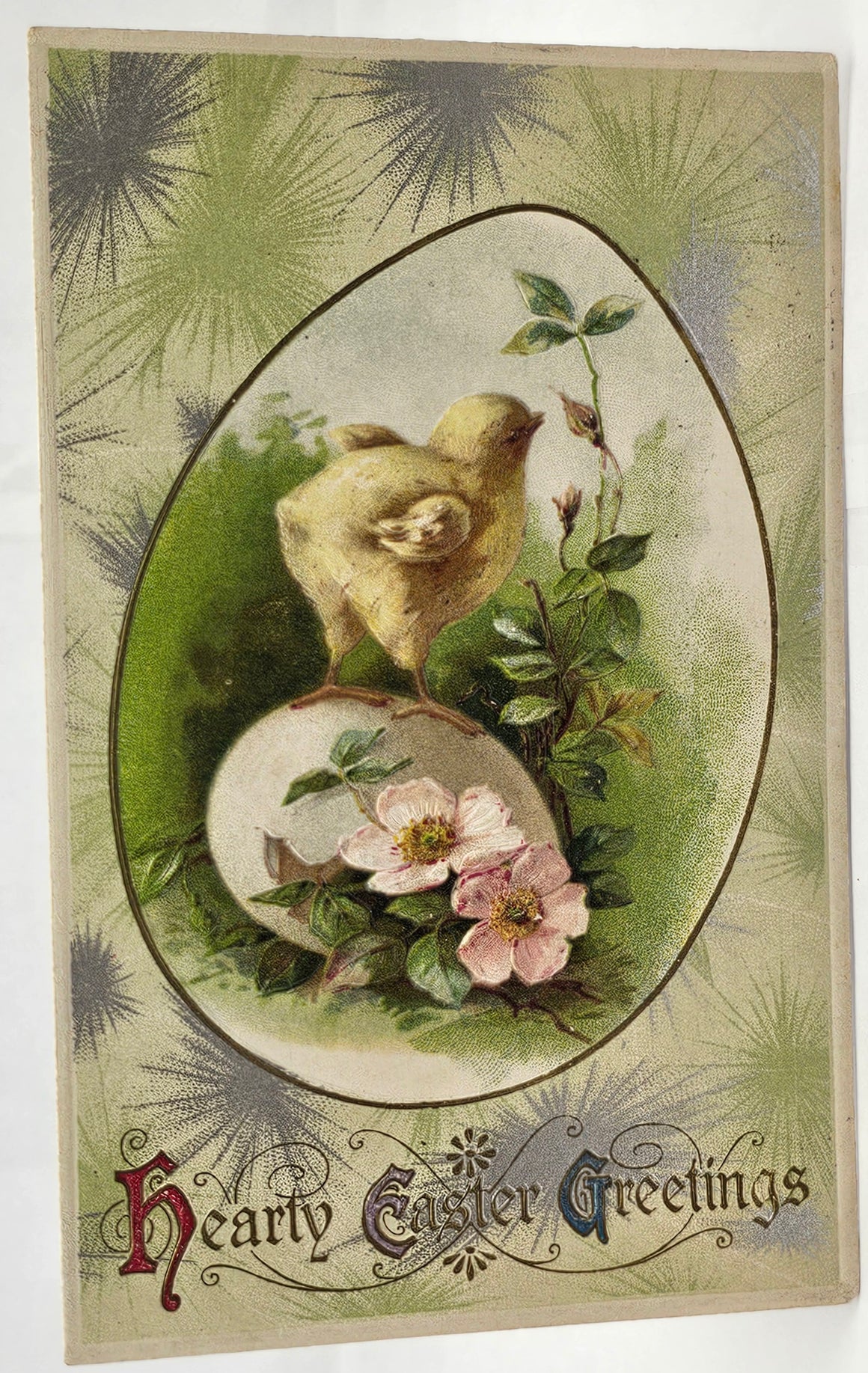 Easter Postcard Baby Chick Standing on Egg Smelling Blossoms John Winsch Publishing