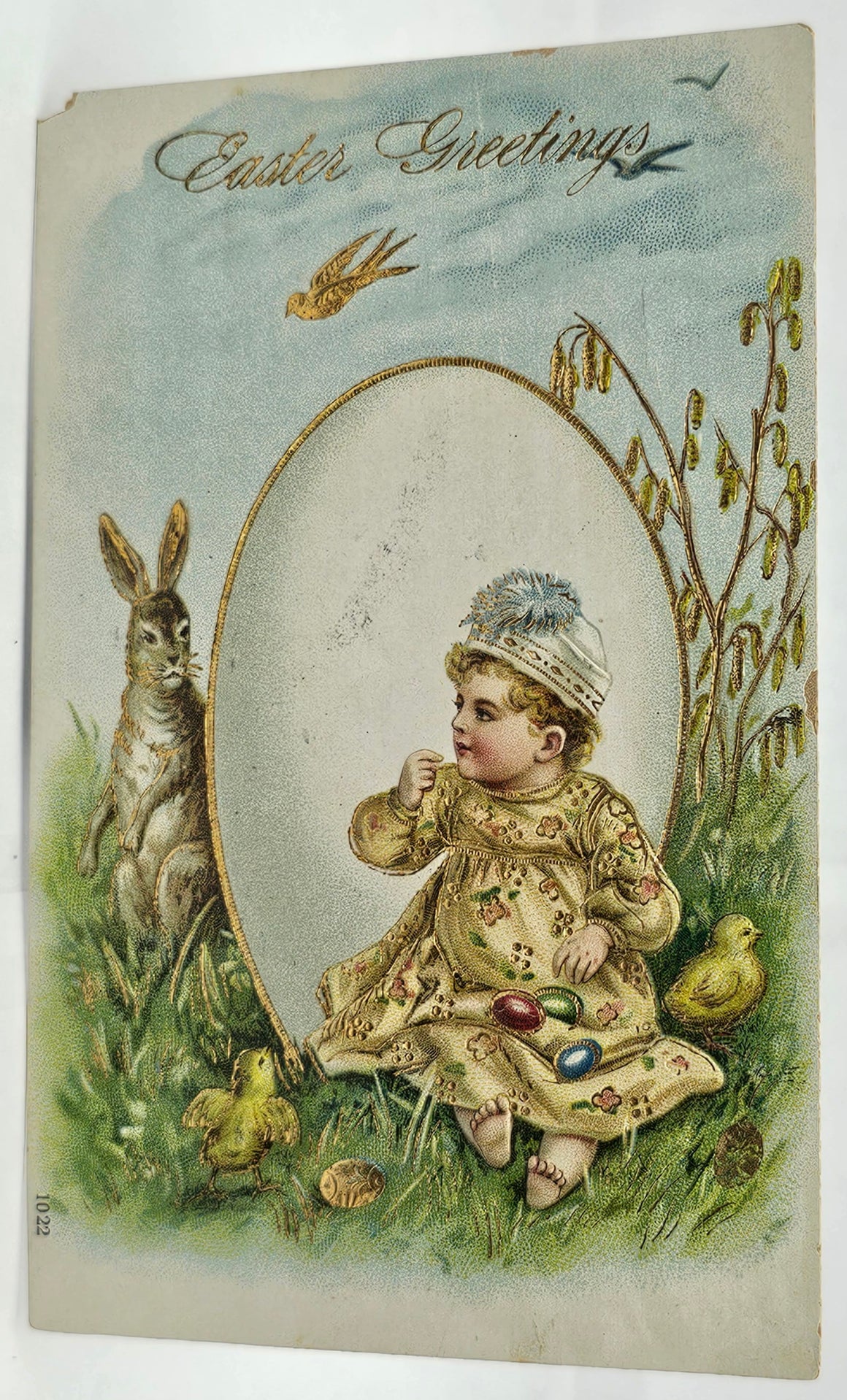 Easter Postcard Little Girl Hiding Behind Giant Egg with Bunny Rabbit Peeking Around Corner Gold Embossed Germany