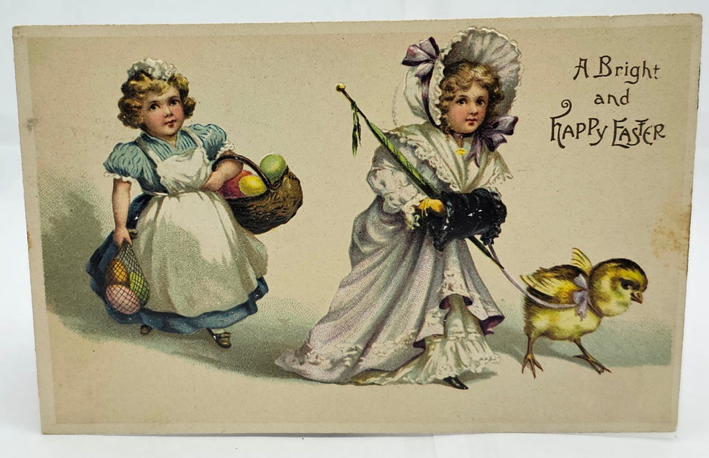 Easter Postcard Little Girls Walking with Colored Eggs & a Baby Chick on Leash