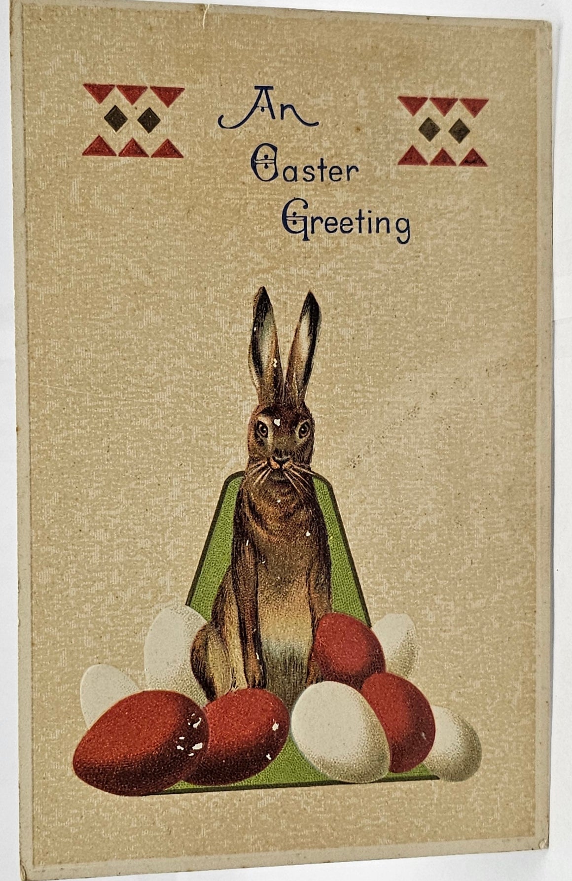 Easter Postcard Arts Craft Style Brown Bunny Rabbit Standing in Red & White Painted Eggs Embossed German Card Series 3571