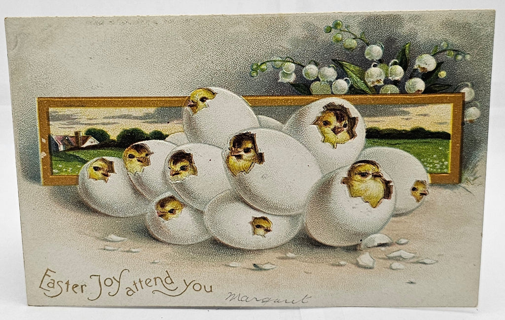 Easter Postcard Embossed Baby Chicks Hatching From Eggs with Farm in Landscape