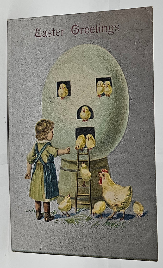 Easter Postcard Embossed Card Child with Baby Chicks in Giant Egg House Printed in Germany