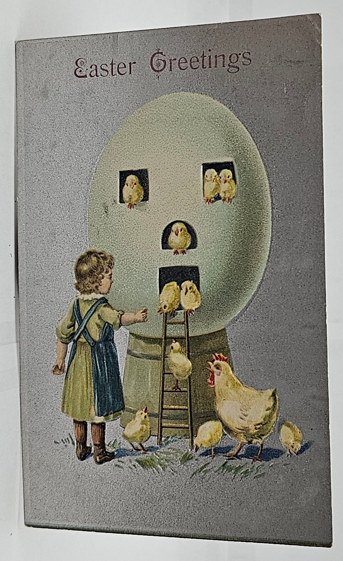 Easter Postcard Embossed Card Child with Baby Chicks in Giant Egg House Printed in Germany