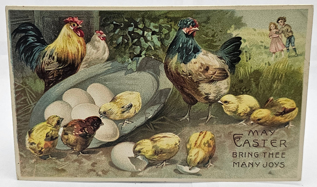 Easter Postcard Embossed Baby Chicks Hatching From Eggs with Hen & Rooster Watching Children In Background