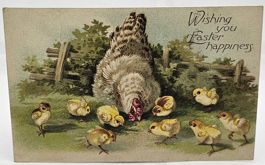 Easter Postcard Embossed Baby Chicks and Mother Hen Eating