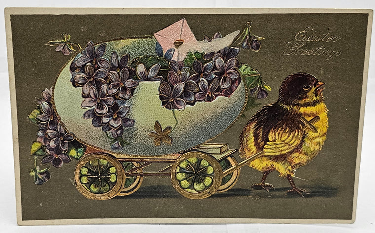 Easter Postcard Embossed Baby Chick Pulling Egg Wagon Filled with Purple Violets Gold Highlights