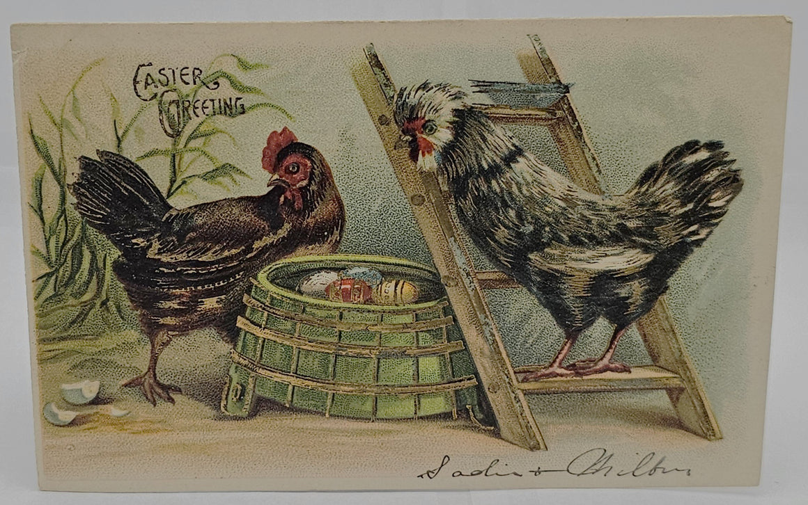 Easter Postcard Embossed Rooster & Hen with Barrel of Eggs Series 81 Germany