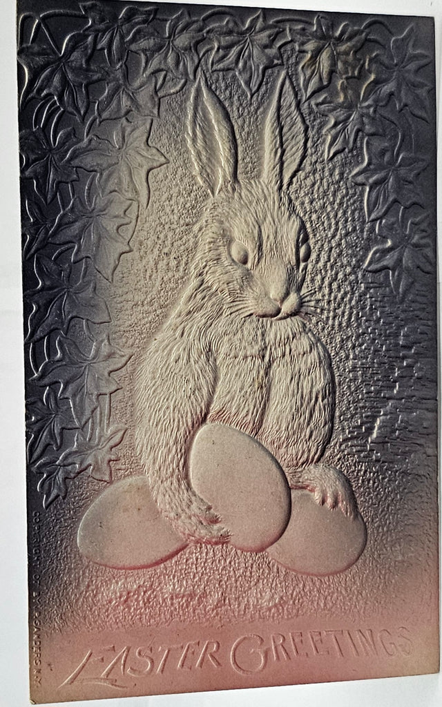 Easter Postcard Embossed Air Brushed Bunny Rabbit Holding Eggs Purple Grey Fades to Pink