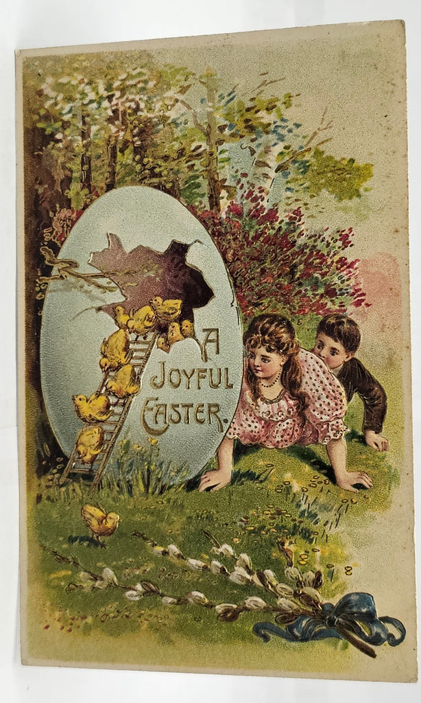 Easter Postcard Children Watching Baby Chicks Hatch & Climb Down Ladder From Giant Egg Gold Embossed