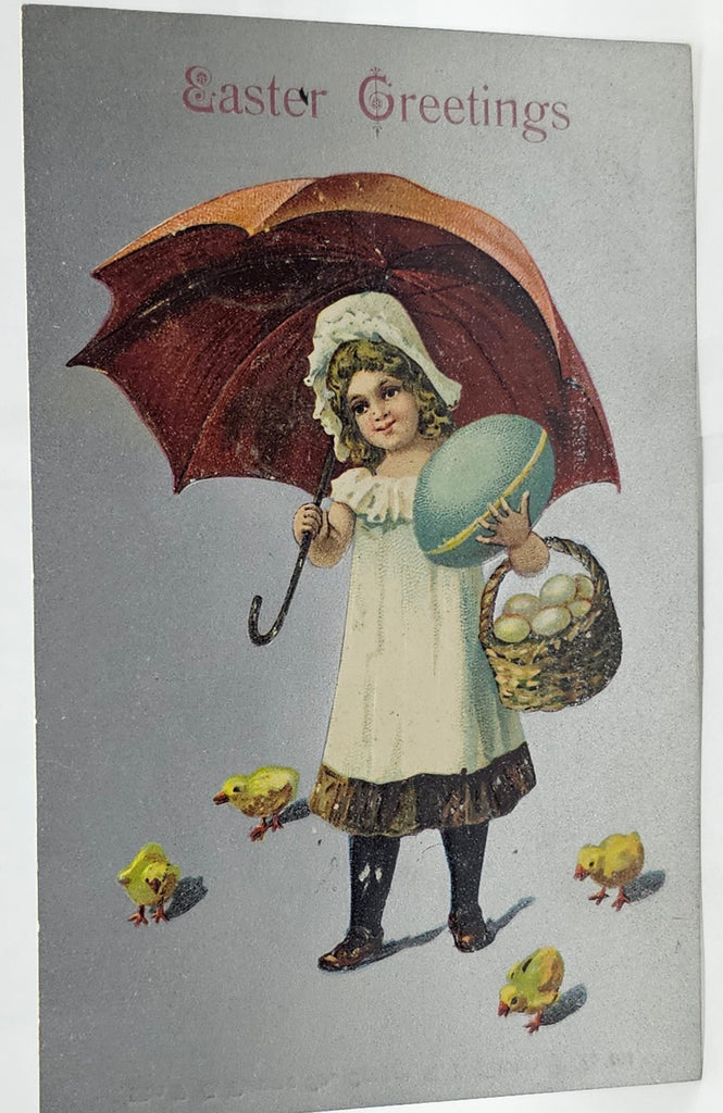 Easter Postcard Series 956 Little Girl Under Umbrella Holding Basket & Giant Blue Egg w/ Baby Chicks