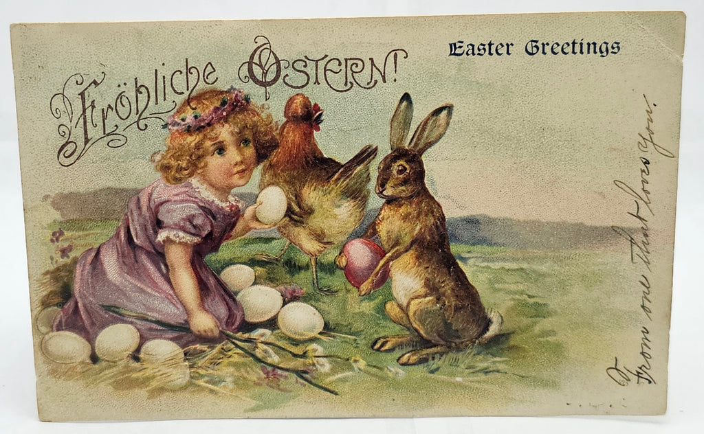 Easter Postcard Small Child in Nest of Eggs Handing a Standing Bunny Rabbit an Egg German Greeting 1906