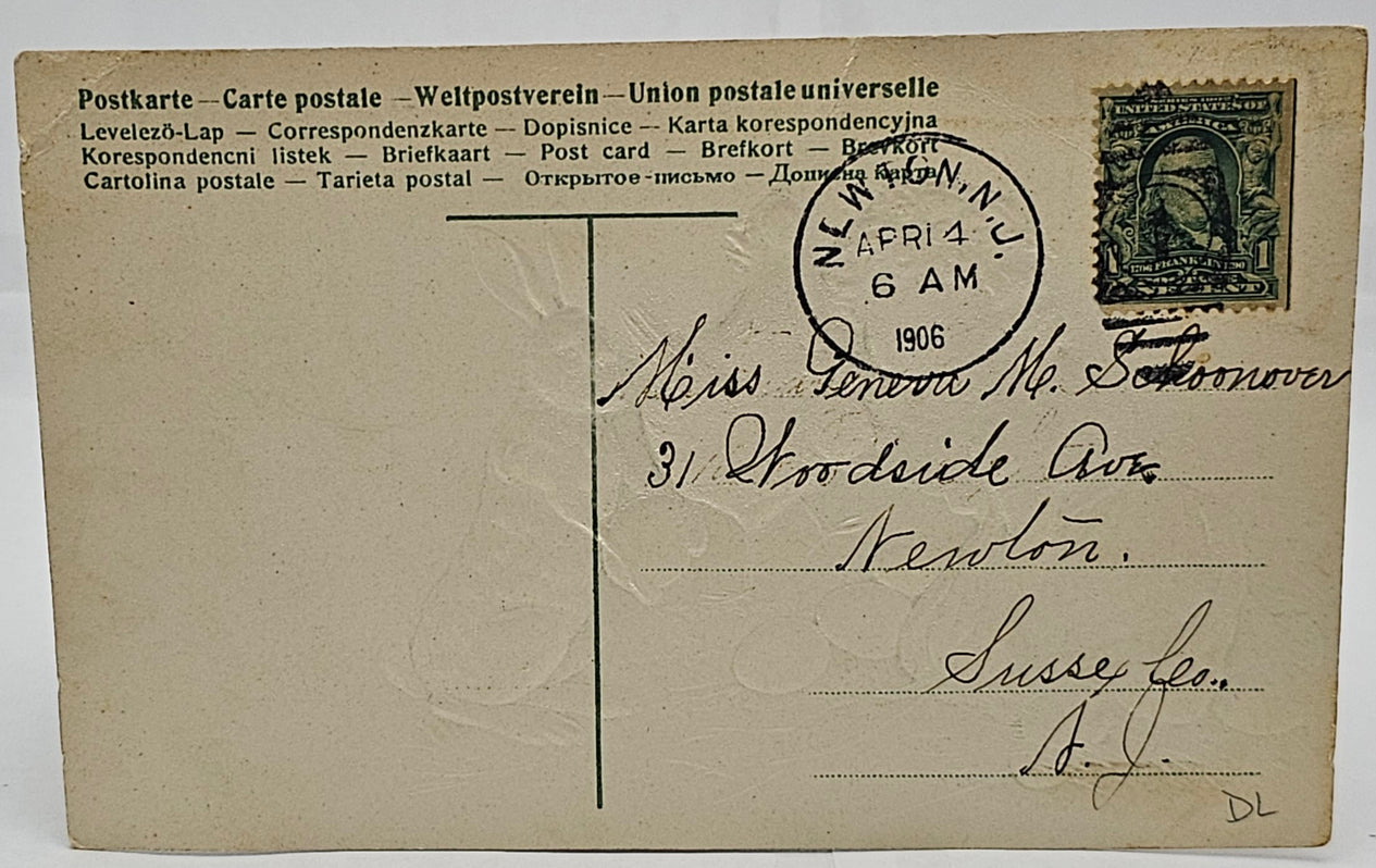 Easter Postcard Small Child in Nest of Eggs Handing a Standing Bunny Rabbit an Egg German Greeting 1906